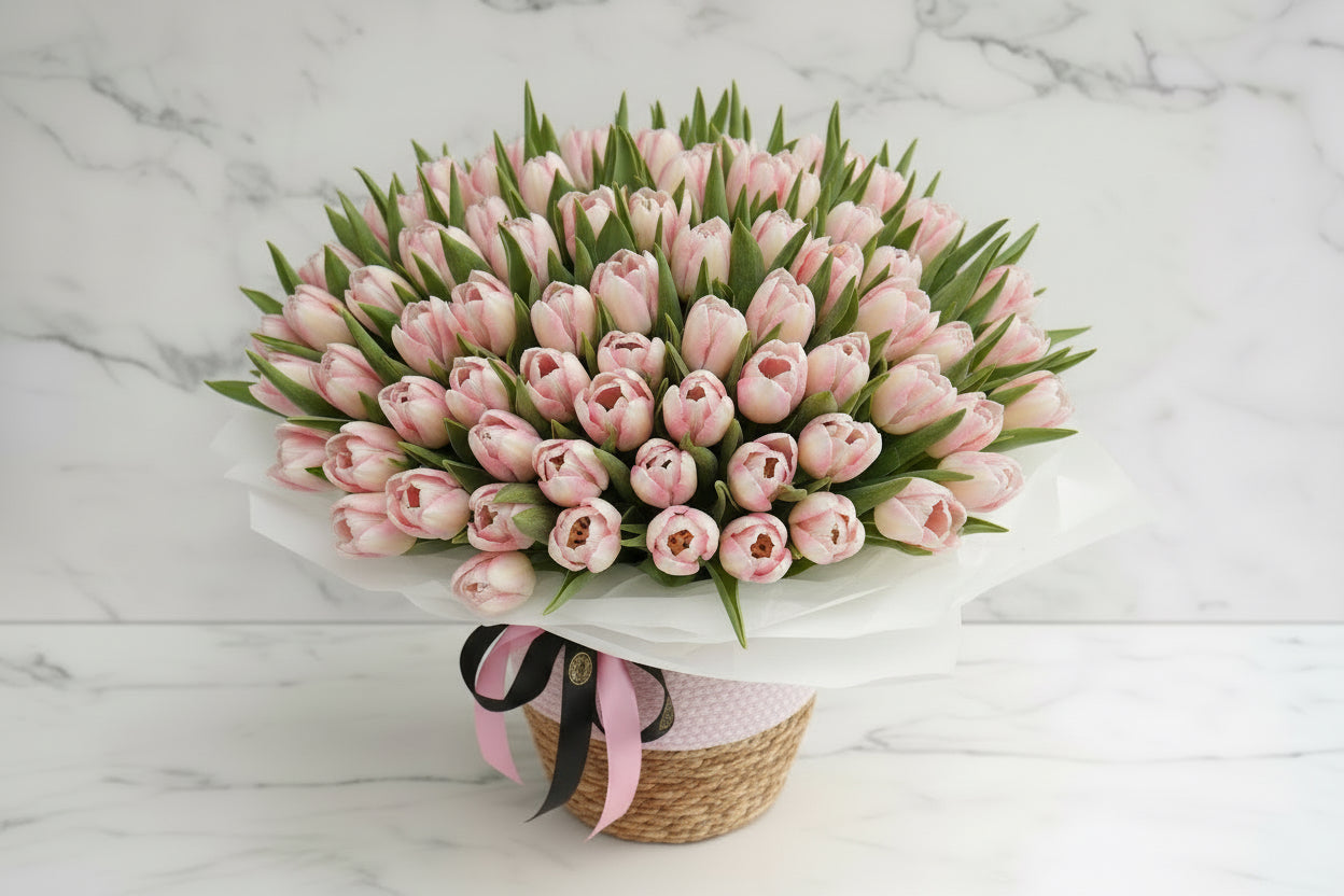 FRESH HAND TIED BOUQUET - TULIPS IN BASKET