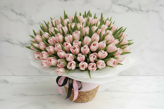 FRESH HAND TIED BOUQUET - TULIPS IN BASKET